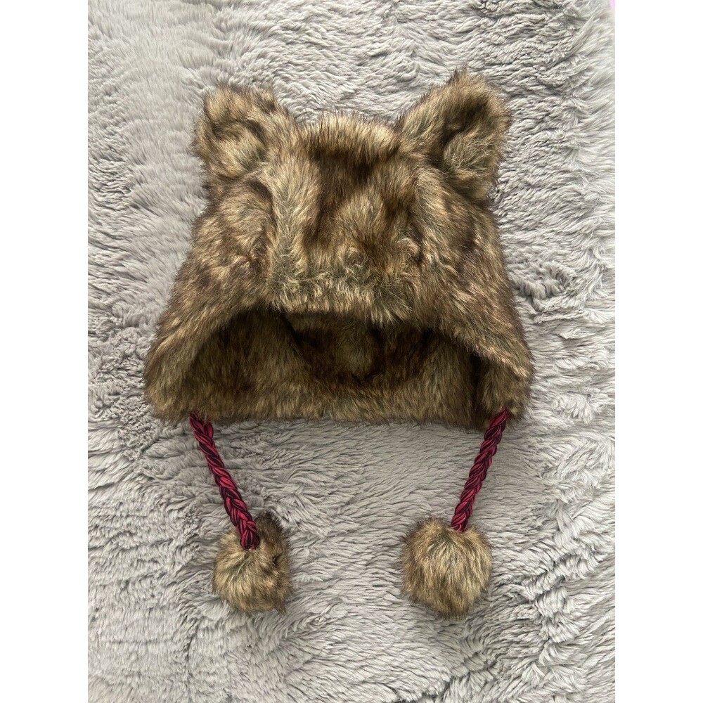 Plush Fuzzy Furry Cosplay Brown Bear Eared Trapper Hat Cap With Tassels Pom Poms